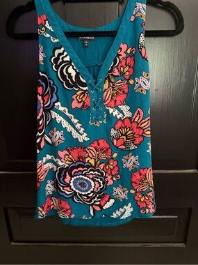 Express Teal Floral Lace-Up Tank with Pink & Black Accents